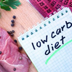low carb diet sign, meat and a tape measure
