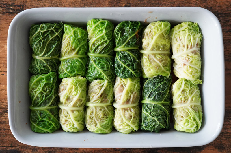 Uncooked cabbage rolls in the pan