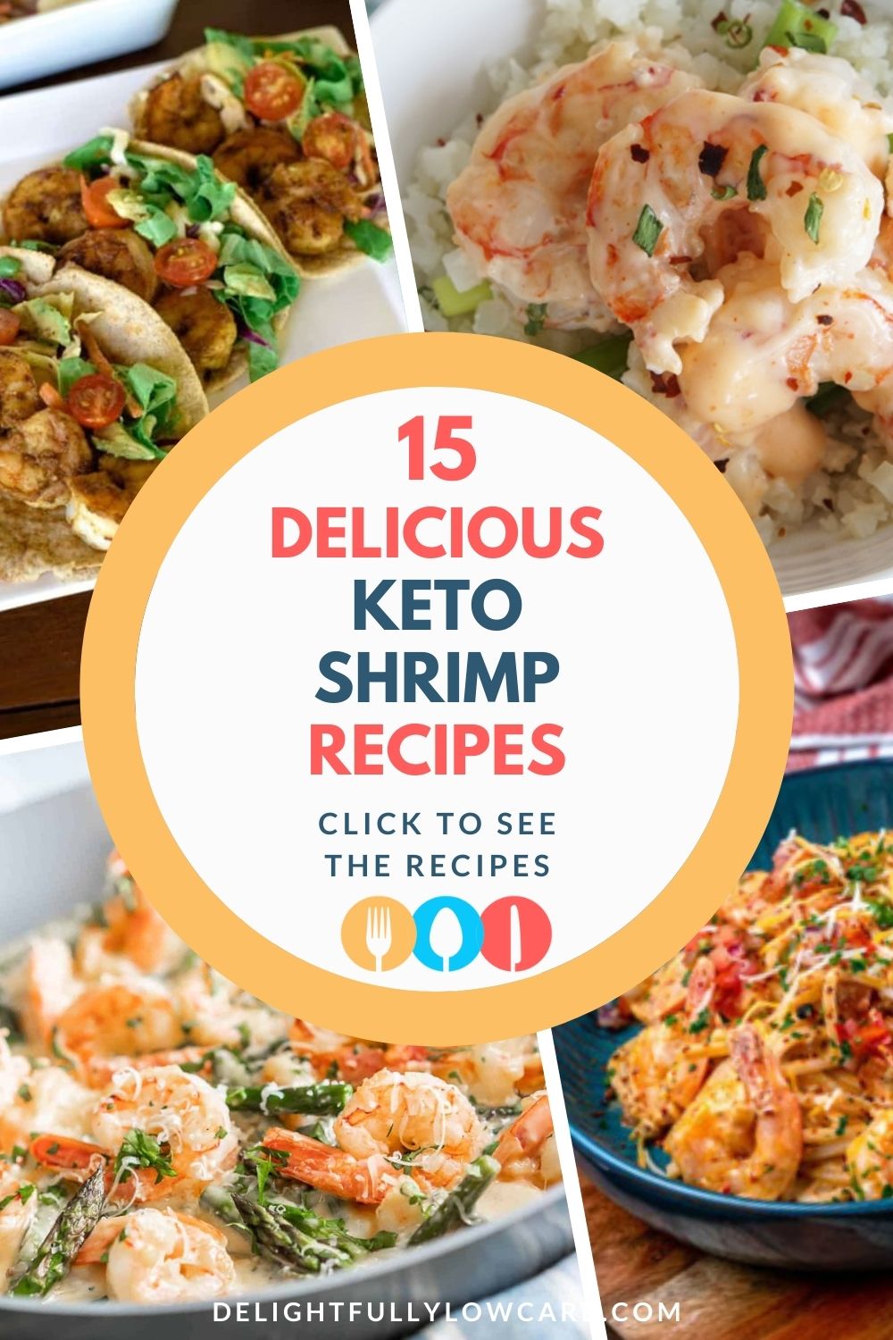 Keto bang bang shrimp, shrimp tacos, chipotle shrimp and shrimp alfredo