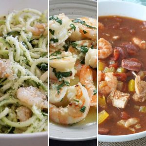 Zucchini noodles and shrimp, shrimp scampi and shrimp gumbo