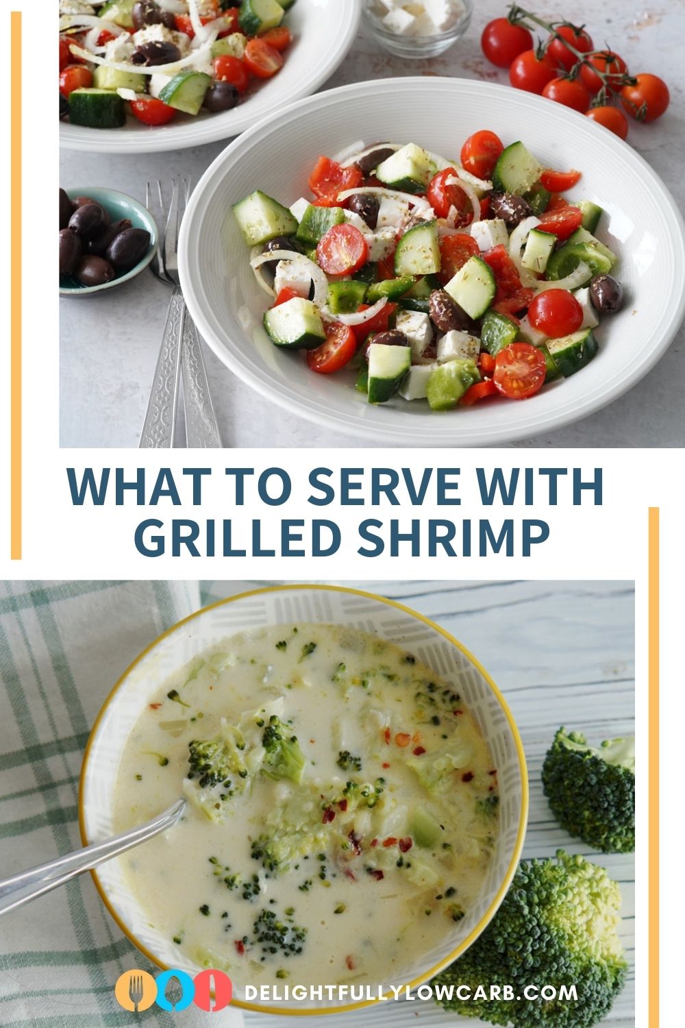 Greek salad and broccoli cheese soup
