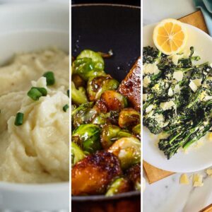 mashed cauliflower, balsamic brussels sprouts, and lemon parmesan broccolini