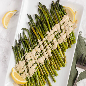 Roasted asparagus with lemon tahini sauce