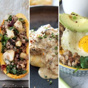 Stuffed delicata squash, biscuits and gravy, and sausage breakfast bowls