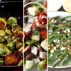 Pan fried balsamic brussels sprouts, keto Greek salad, and low carb green beans with pesto and feta.