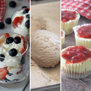 4th of July no-bake dessert, coffee ice cream, and mini strawberry cheesecakes
