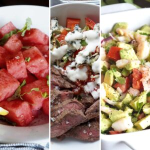 Watermelon basil salad, flank steak salad, and cilantro lime shrimp salad