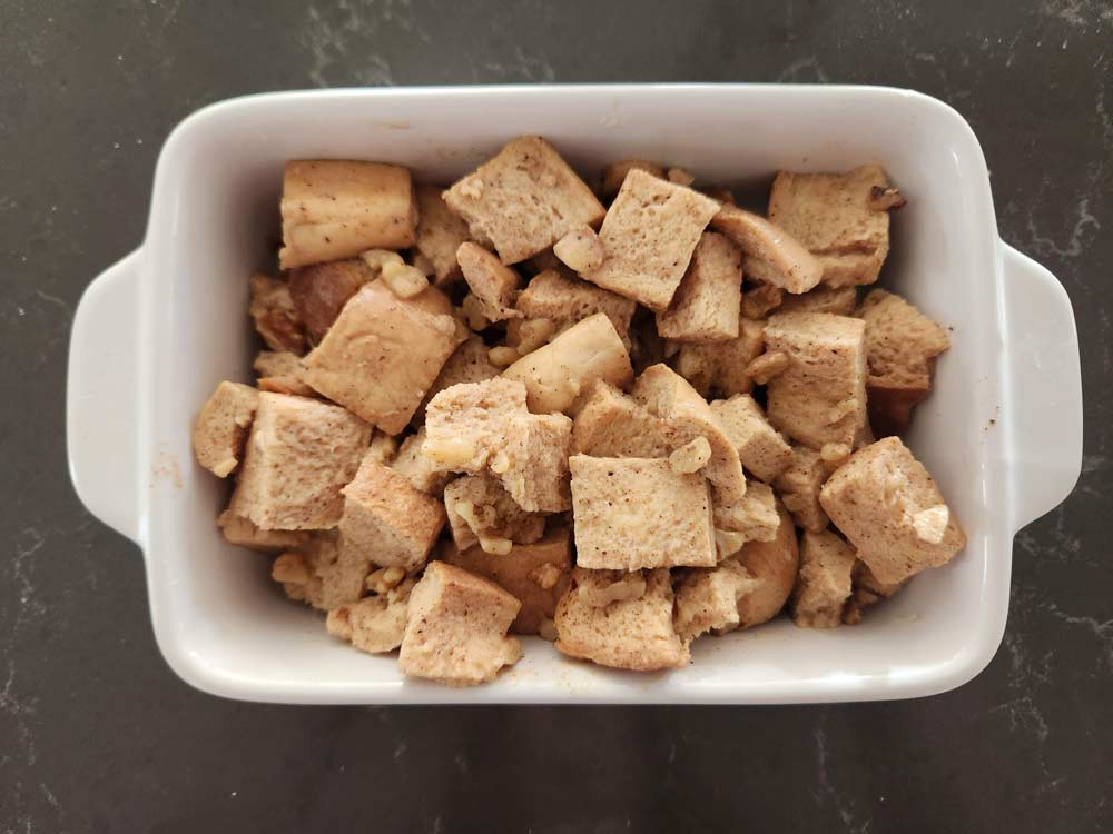 cinnamon roll bread pudding ready to be baked