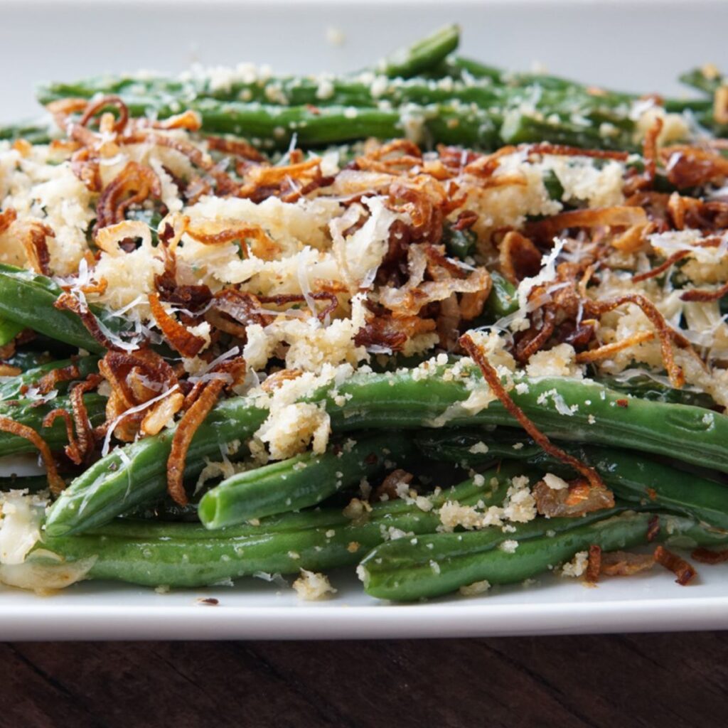 parmesan green beans with crispy shallots