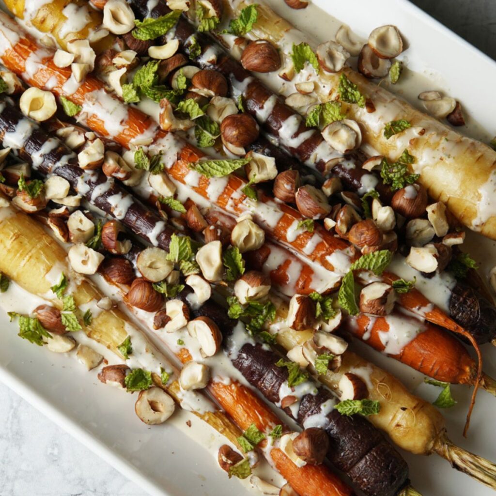 Roasted carrots with tahini sauce and mint